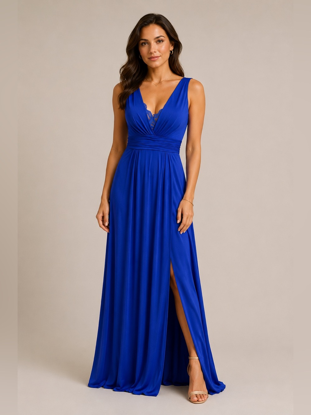 IEENA for Mac Duggal Blue Jersey Plunge Neck Evening Gown - Altered!